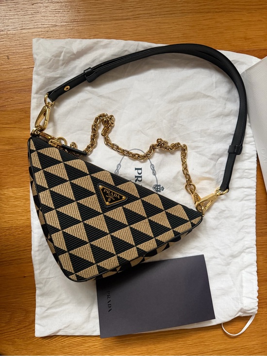 Prada Handbags - Authentic Prada Embroidered Jacquard Fabric Triangle Symbole Zip Bag